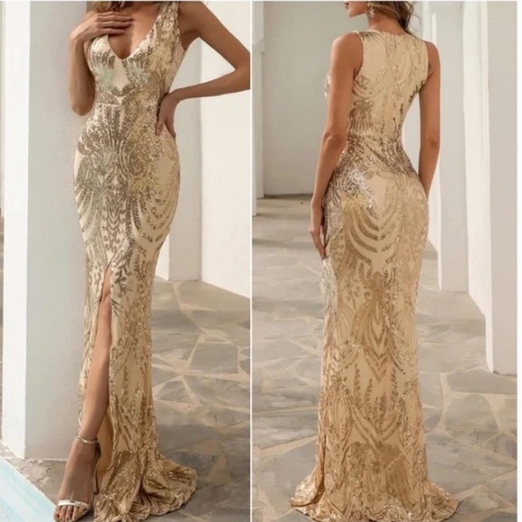 Sequins V neck slit thigh formal party evening Luxe dress. Sorry no returns. - Picture 4 of 8